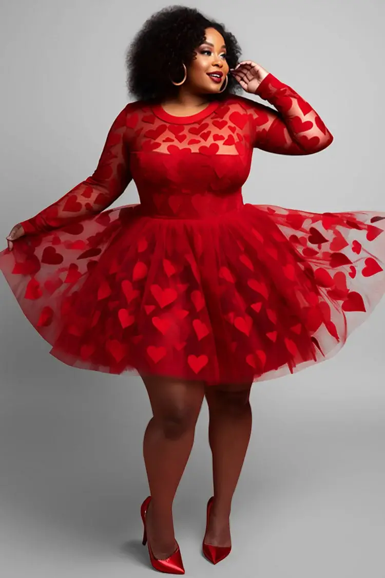 Xpluswear Design Plus Size Valentines Red Graphic Round Neck Long Sleeve See Through Tulle Mini Dresses Pre Order